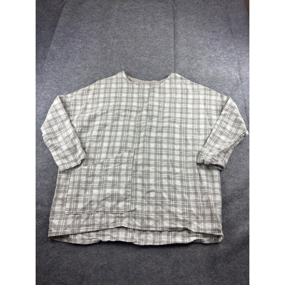 Womens M/L Oversized Plaid Linen Tunic Top Gray Cream Pocket Capsule Lagenlook